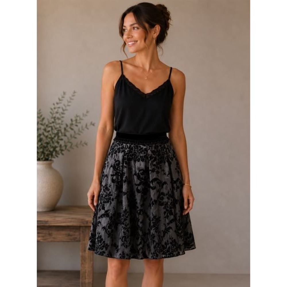 Damask Floral Skirt M Black Gray Velvet Goth Victorian Romantic Party Cocktail
